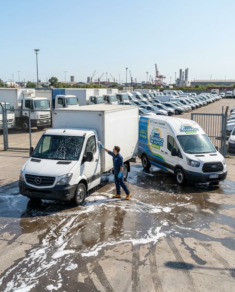 Profesional lavando vehiculo de flota con equipo especializado